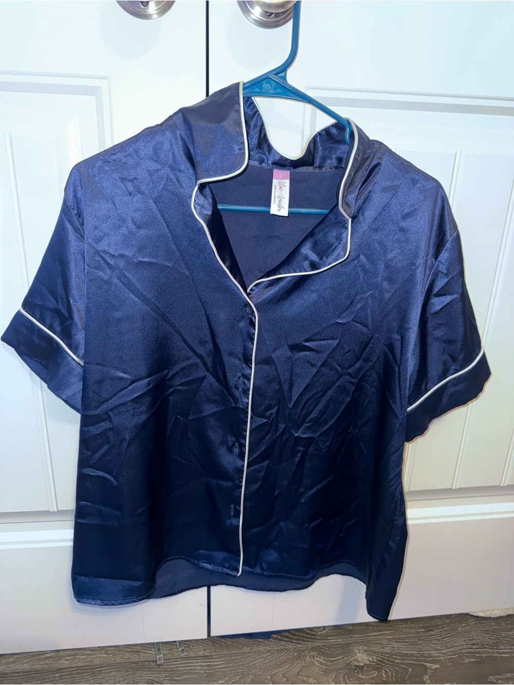 Silk Navy Short-Sleeve Pajama Set with Contrast Piping